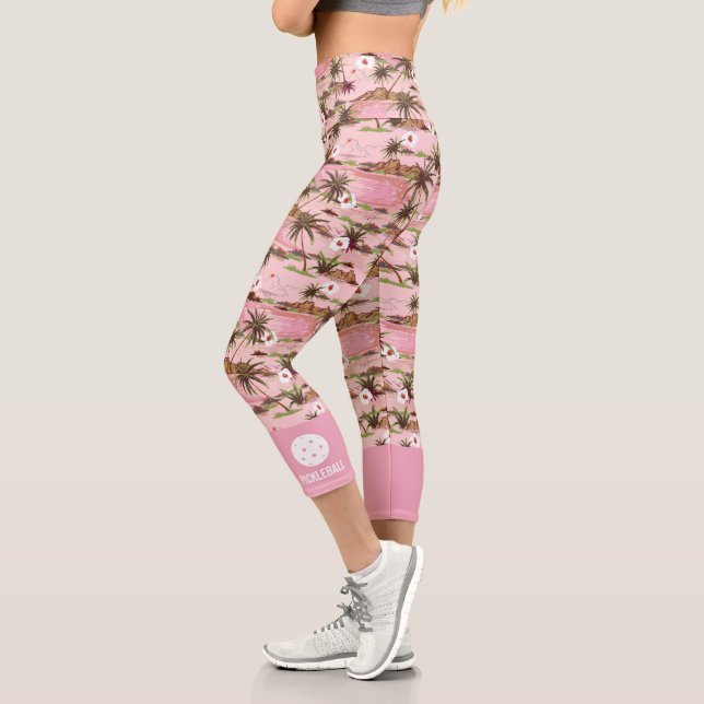 Leggings Capri Palmiers Tropicaux Rose Texte Personnalisé Pickleb (Gauche)