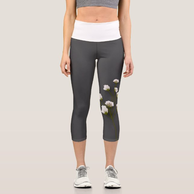 Leggings Capri Pantalon de fleurs de printemps gris (Recto)