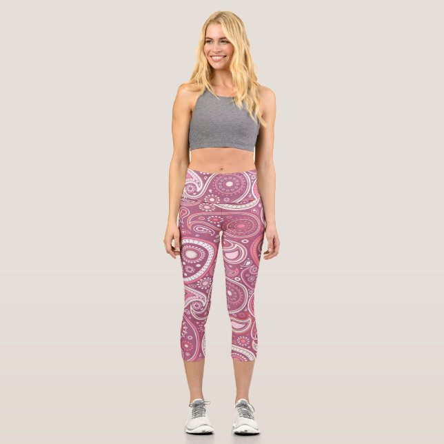 Leggings Capri Pantalon de Yoga rose et blanc (Recto)