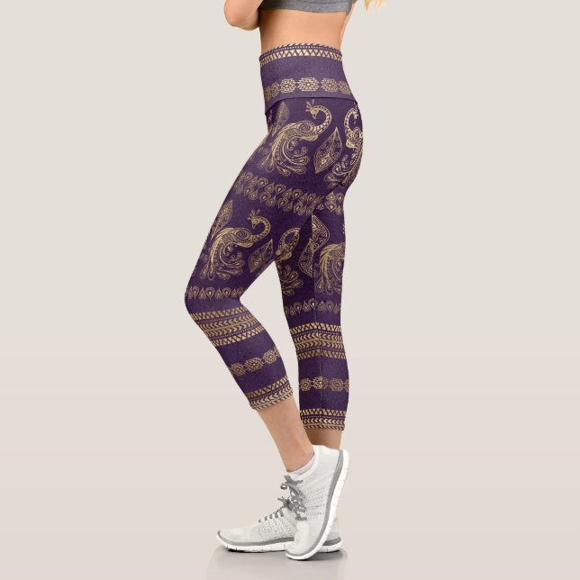 Leggings Capri paon bohème violet et or élégant (Gauche)