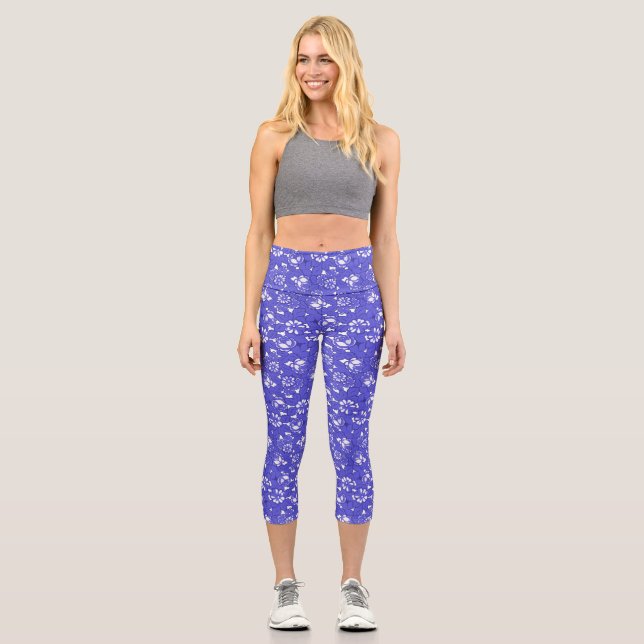 Leggings Capri Papier peint baroque - fleur bleue (Recto)