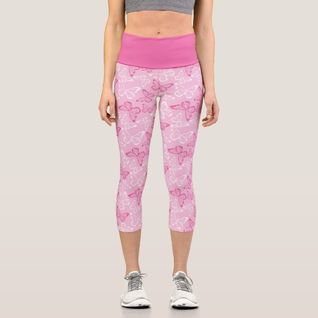 Leggings Capri Papillons romantiques roses et blancs (Recto)