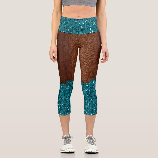 Leggings Capri Parties scintillant étincelle bleu d'Aqua bois bru (Recto)