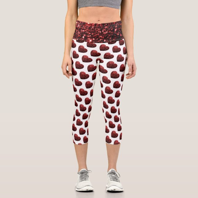 Leggings Capri Parties scintillant rouge flamme motif de coeur (Recto)