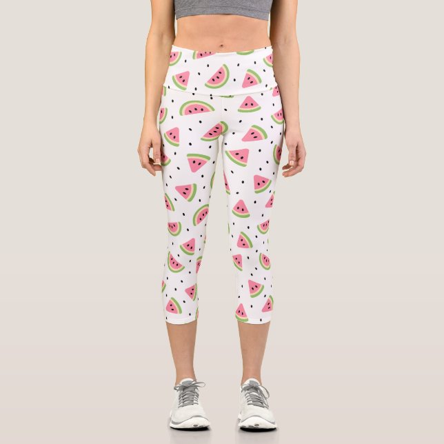 Leggings Capri Pastèque rose, Graines de pastèque, Motif d'été (Recto)