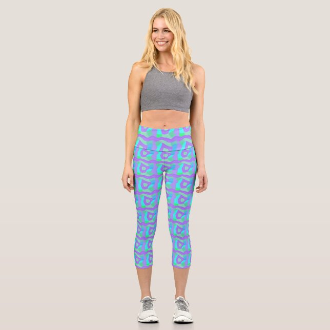 Leggings Capri Patchwork africain psychédélique : Vert Lilac Bleu (Recto)