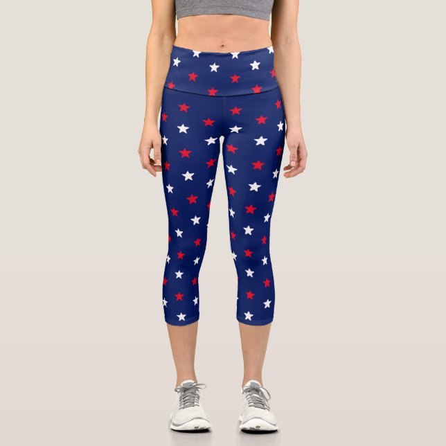 Leggings Capri Patriotique rouge blanc et bleu marine étoiles mot (Recto)
