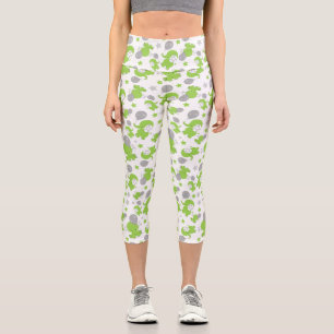 Leggings Capri Pattern of Green Elephants, Cute Elephants, stars