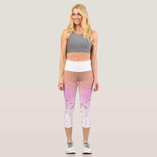 Leggings Capri Pêche dégradé violet or blanc étoile motif (Recto)