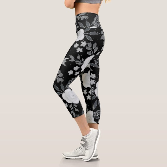 Leggings Capri Peinture d'aquarelle Rose en noir blanc (Gauche)