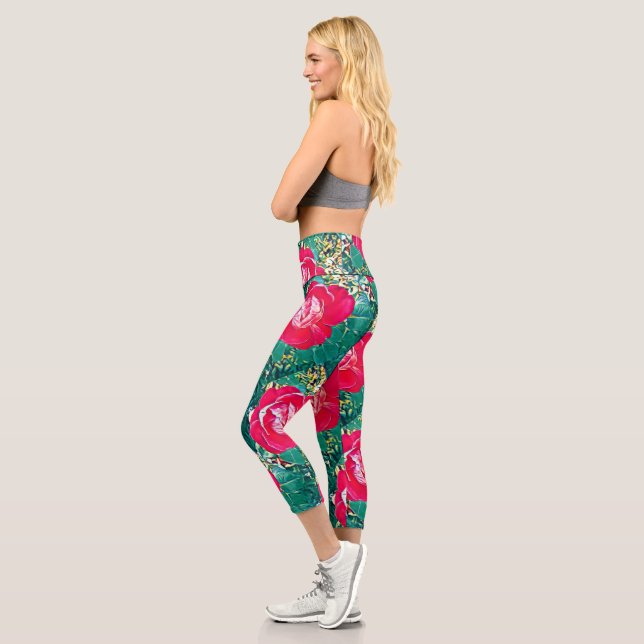 Leggings Capri Peinture Rose à fleurs rouges stylisée (Gauche)