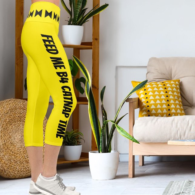 Leggings Capri Personnalisé noir brillant rayures jaunes élégant (Créateur téléchargé)
