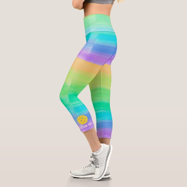 Leggings Capri Pickball Print Rainbow Watercolor Texte personnali (Gauche)