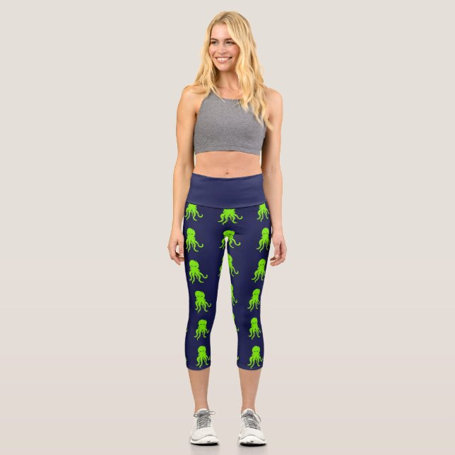 Leggings Capri Pieuvre verte en colère sur bleu (Recto)