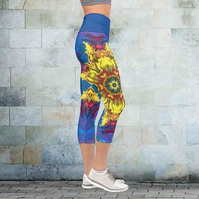 Leggings Capri Pignon psychédélique hippie Fleur Jaune et Bleu (Créateur téléchargé)