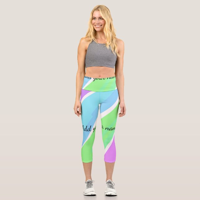 Leggings Capri Pink blue green stripes add name text message here (Recto)