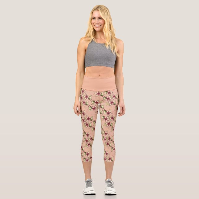 Leggings Capri Pink Poinsettia Diagonal Stripé Noël (Recto)