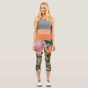 Leggings Capri Pivoines roses et oranges