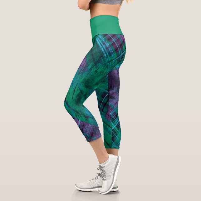 Leggings Capri Plaid Check Purple Green Tartan Emerald Wistband (Gauche)