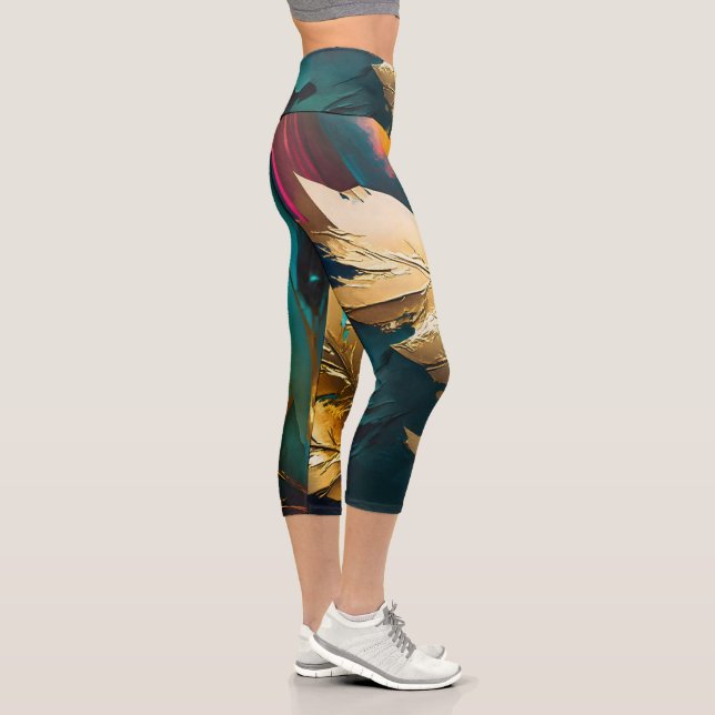 Leggings Capri Plume Dorée – Élégance Abstraite Luxueuse (Droite)