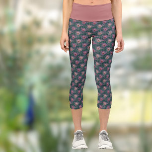 Leggings Capri Plumes de paon rose motif joli sarcelle vert