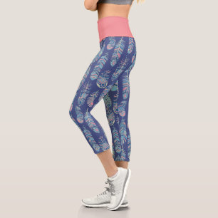 Leggings Capri Plumes Tribales Bohème Classique Bleu Rose Blanc