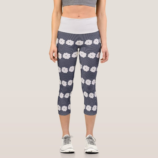 Leggings Capri Pois de la Marine et grandes fleurs blanches (Recto)