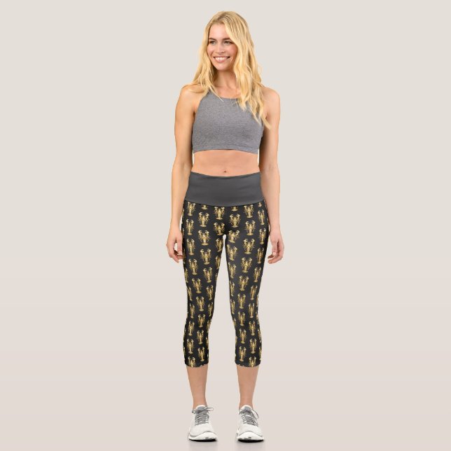 Leggings Capri Poisson à langouste polygonale dorée sur noir (Recto)
