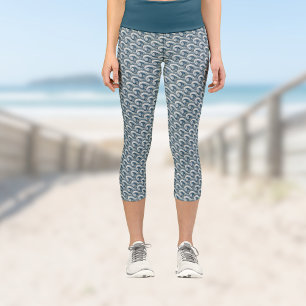Leggings Capri Polynesian Beach Waves and Flowers Ethnic Motif
