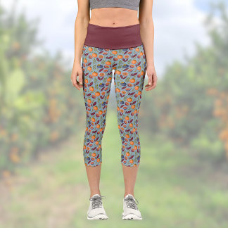Leggings Capri Pomegranates Oranges and Ferns Vintage Dusty Blue