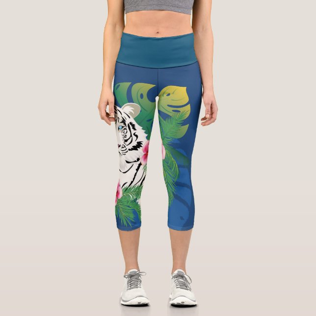 Leggings Capri Portrait de tigre blanc avec feuilles tropicaux (Recto)