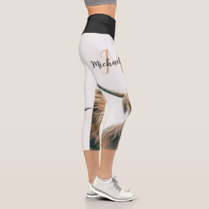 Leggings Capri Portrait de vache Highland nom personnalisé monogr