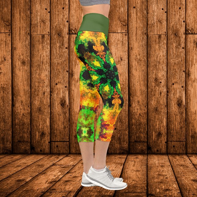 Leggings Capri Psychédélique Hippie Fleur vert orange et jaune (Créateur téléchargé)