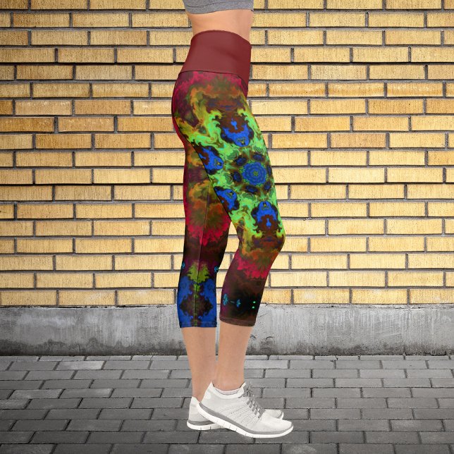 Leggings Capri Psychédélique Mandala Fleur Vert Bleu et Rouge (Créateur téléchargé)