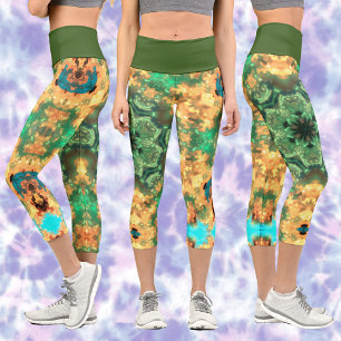 Leggings Capri Psychédélique Mandala Flower vert et jaune