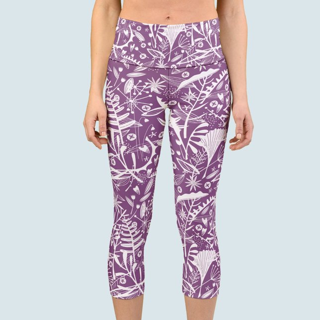 Leggings Capri Purple botanique (Purple botanical pattern capri pants yoga leggings)