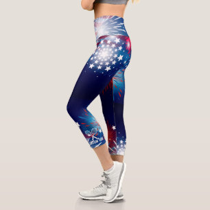 Leggings Capri Raquettes de tennis Patriotic Fireworks Texte Pers