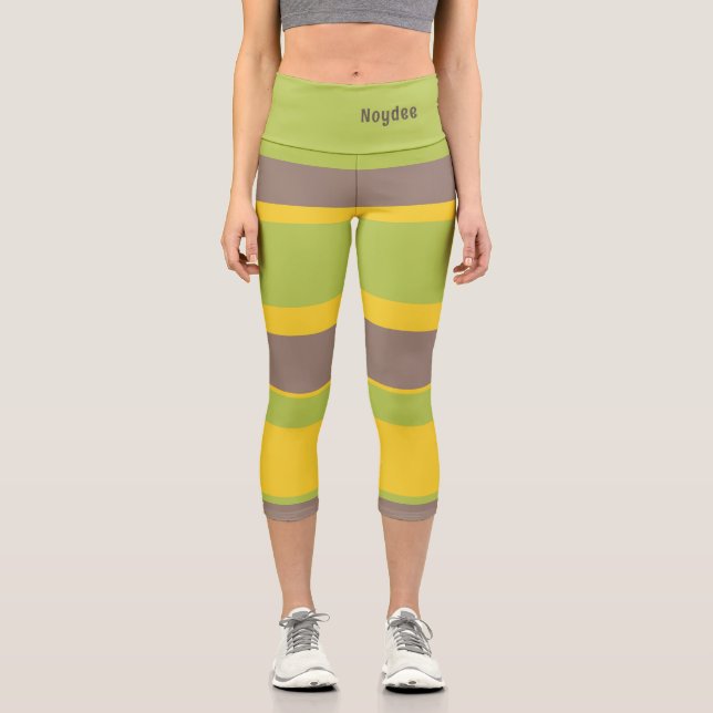 Leggings Capri Rayures asymétriques marron jaune vert (Recto)