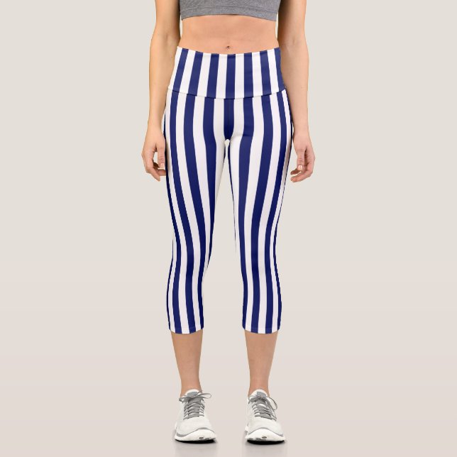 Leggings Capri Rayures blanches verticales Fond de couleur Navy e (Recto)
