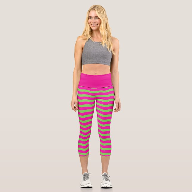 Leggings Capri Rayures ondulées vertes et roses (Recto)
