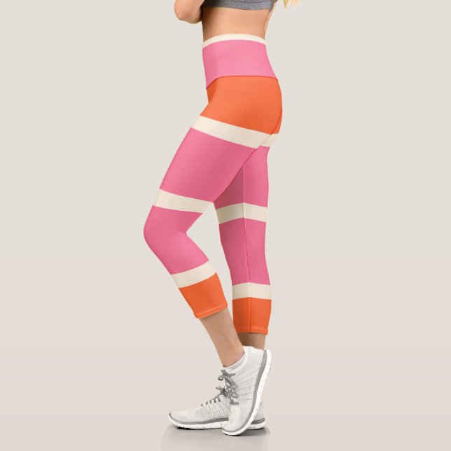 Leggings Capri Rayures Simples en Rose, Orange et Crème (Gauche)