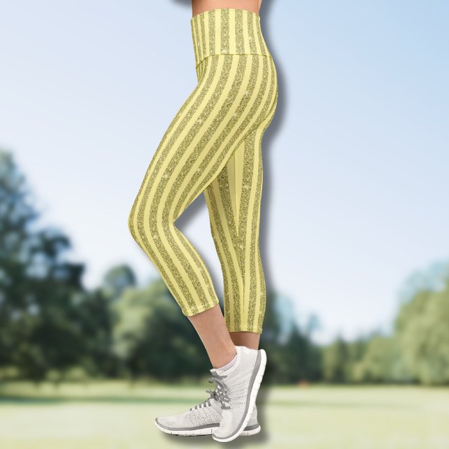 Leggings Capri Rayures verticales de style pailleté jaune vif (Créateur téléchargé)