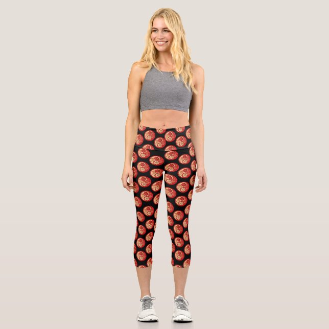 Leggings Capri Red and Gold Floral Scattered Black Background (Recto)