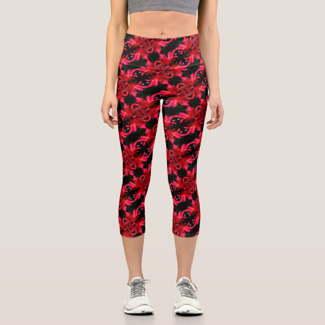 Leggings Capri Red Lily Floral Motif d'art Abstrait (Recto)