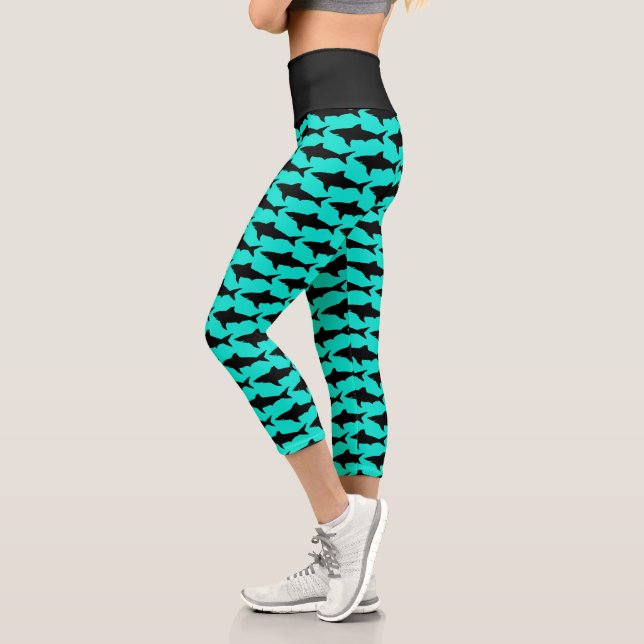 Leggings Capri requin bleu turquoise motif haute taille  (Gauche)