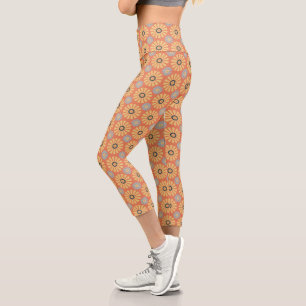 Leggings Capri Retro Abstrat Motif de marguerites bleues et orang