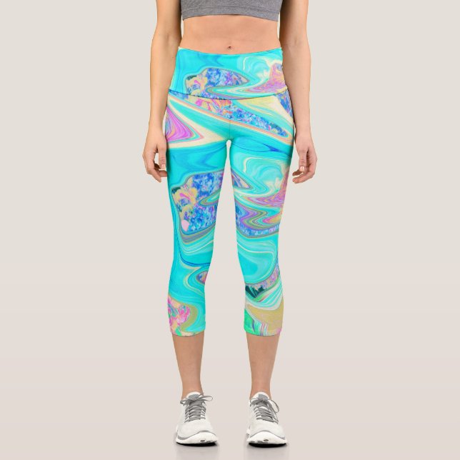 Leggings Capri Rétro Aqua Blue Liquid Art sur Hydrangeas Abstrait (Recto)