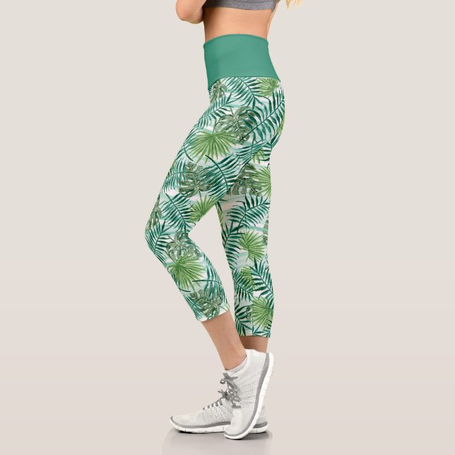 Leggings Capri Retro Chic Tropical Green Palm Tree Feuille Motif (Gauche)