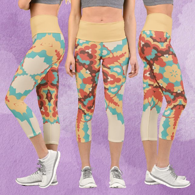 Leggings Capri Rétro Mandala bleu rouge et jaune (Créateur téléchargé)