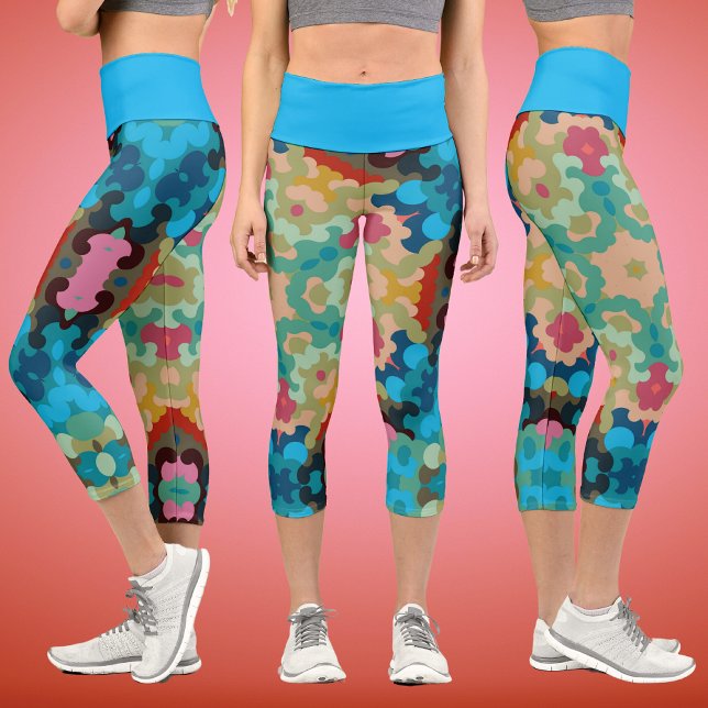 Leggings Capri Retro Mandala Flower Blue Vert et rose (Créateur téléchargé)